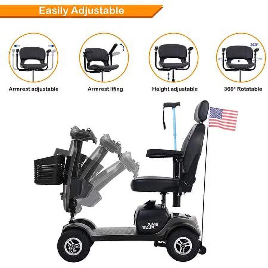 4 Wheels Mobility Scooter Grey LED Lights USB Port Extra Long Range for Seniors Adults