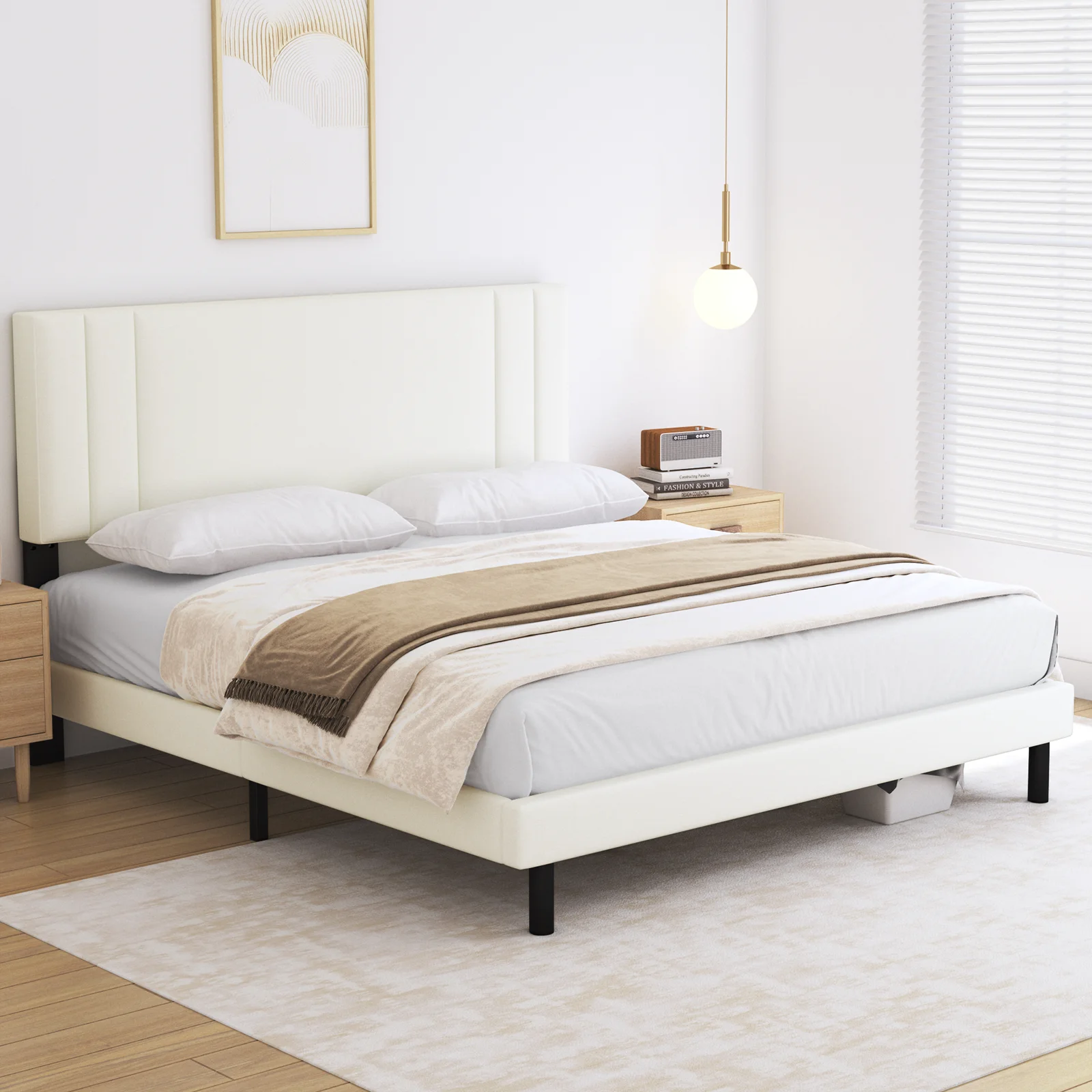 Full Bed Frame,HAIIDE Full Size Platform Bed Frame with Fabric Upholstered Headboard,No Box Spring Needed,Beige