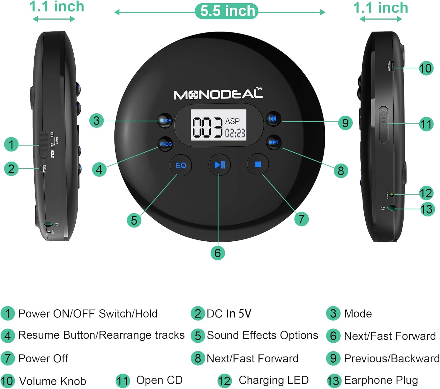 Portable CD Player, MONODEAL Rechargeable Personal Compact Disc CD Player with Headphones, Anti-Skip Small Walkman Music CD Player for Cars Adults Kids Students (with Larger LCD Display)
