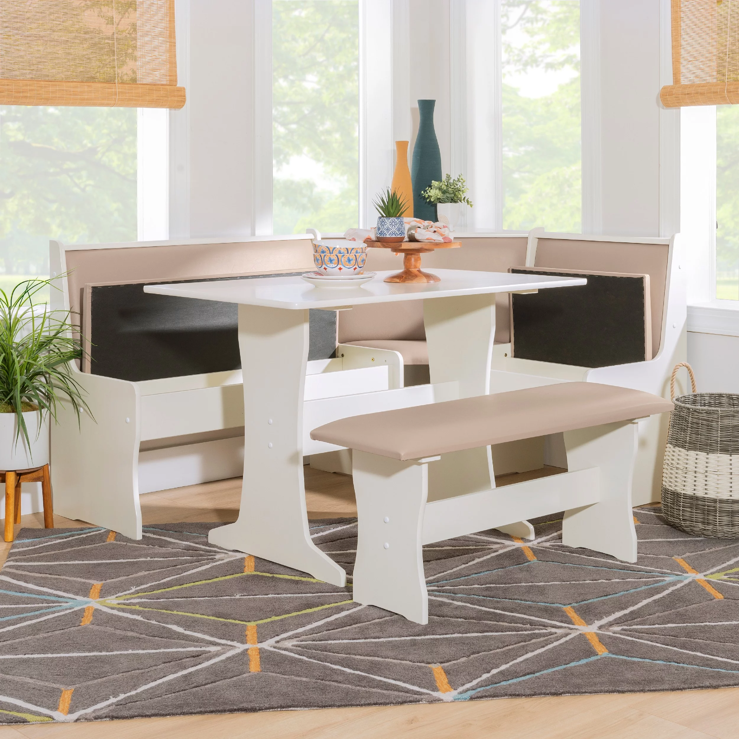 Linon Stella Dining Nook, Table, and Bench Set with Storage, Seats 5, Tan/Tan