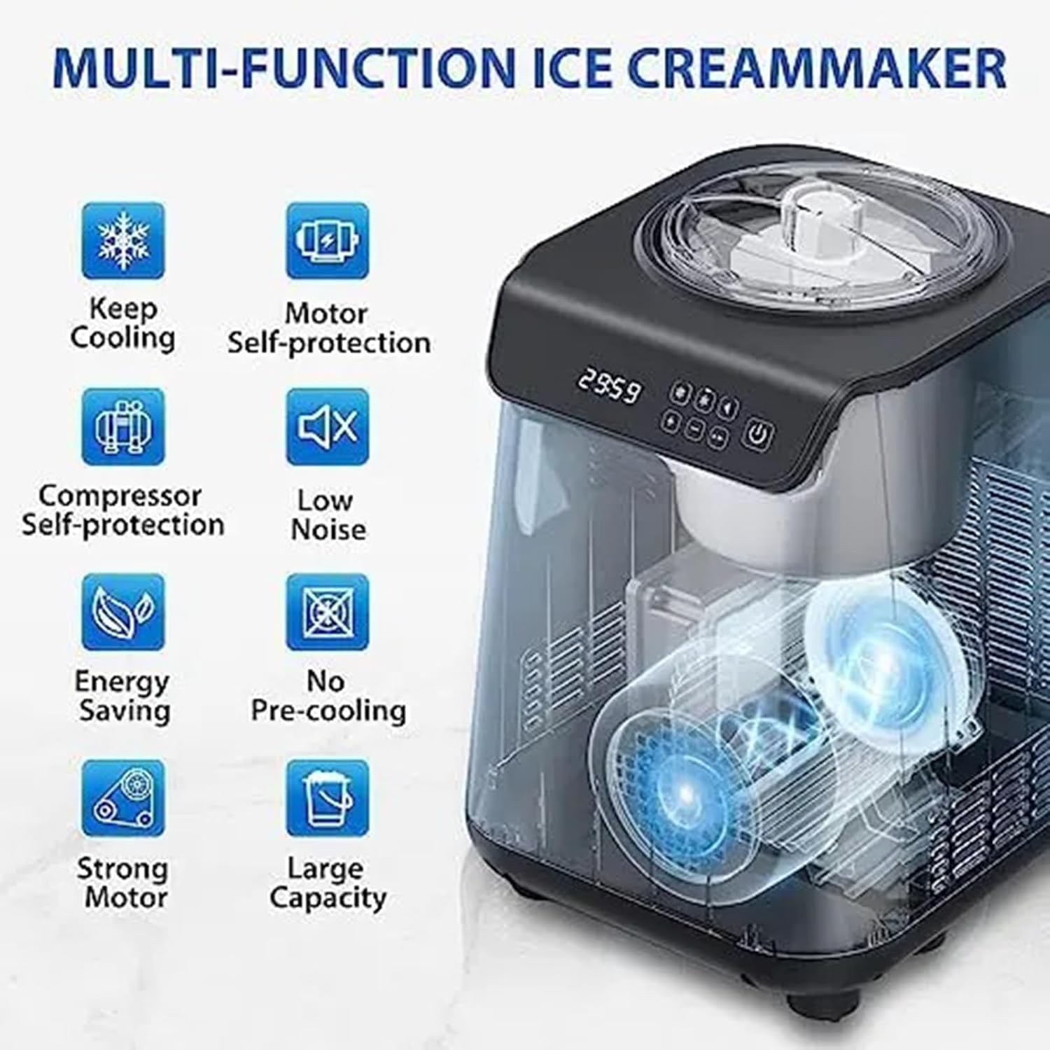 Ice Cream Maker Fully Automatic Ice Cream Maker with Built-in Compressor,Fruit Yogurt Machine Pre-freezing is No Needed,Removable Ice Cream Bowl Table Top Ice Cream Machine，Fun Kitchen Appliance