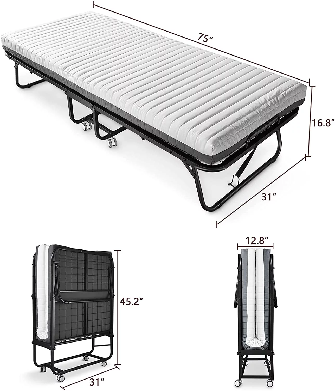 Folding Bed with Luxurious Memory Foam Mattress, Portable  Roll Away Adult Bed for Guest, Space Saving Fold Up Soft Mattress Bed for Easy Storage, 75" L*31”W
