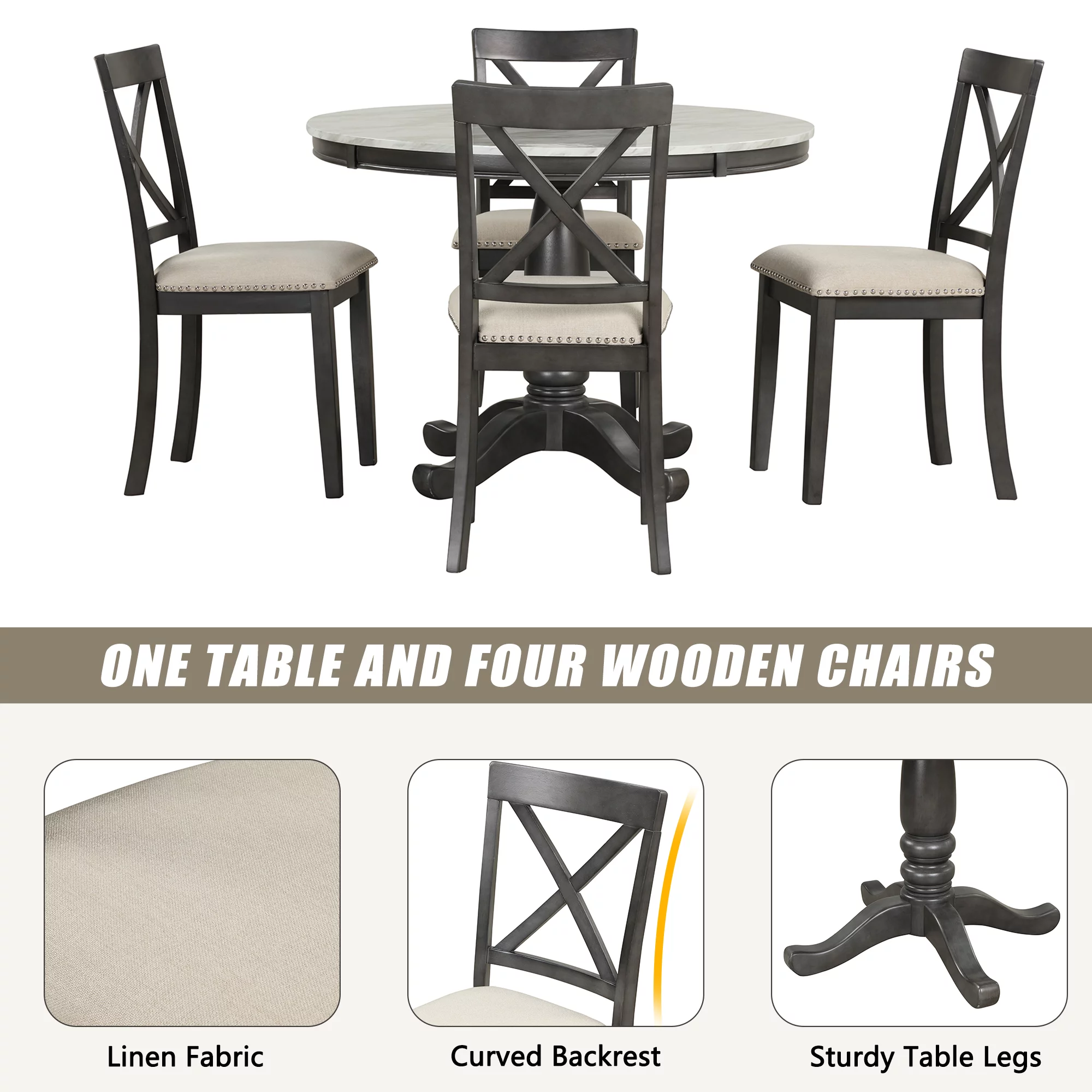 5 Piece Modern Solid Wood Dining Room Set with 4 Chairs, Simple Style Kitchen Table Set with Table and 4 Cross Back Chairs, Round Table with Chairs for Small Places (Gray)