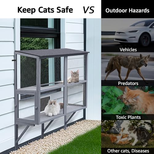 beeNbkks Bug Proof Cat Catio, Window Box Enclosure for Indoor Cats, Wooden Cat Window Perch House, Expandable for Multi Cats, Secure Comfortable Outdoor Haven for Cats, Keep Bugs Insects Out