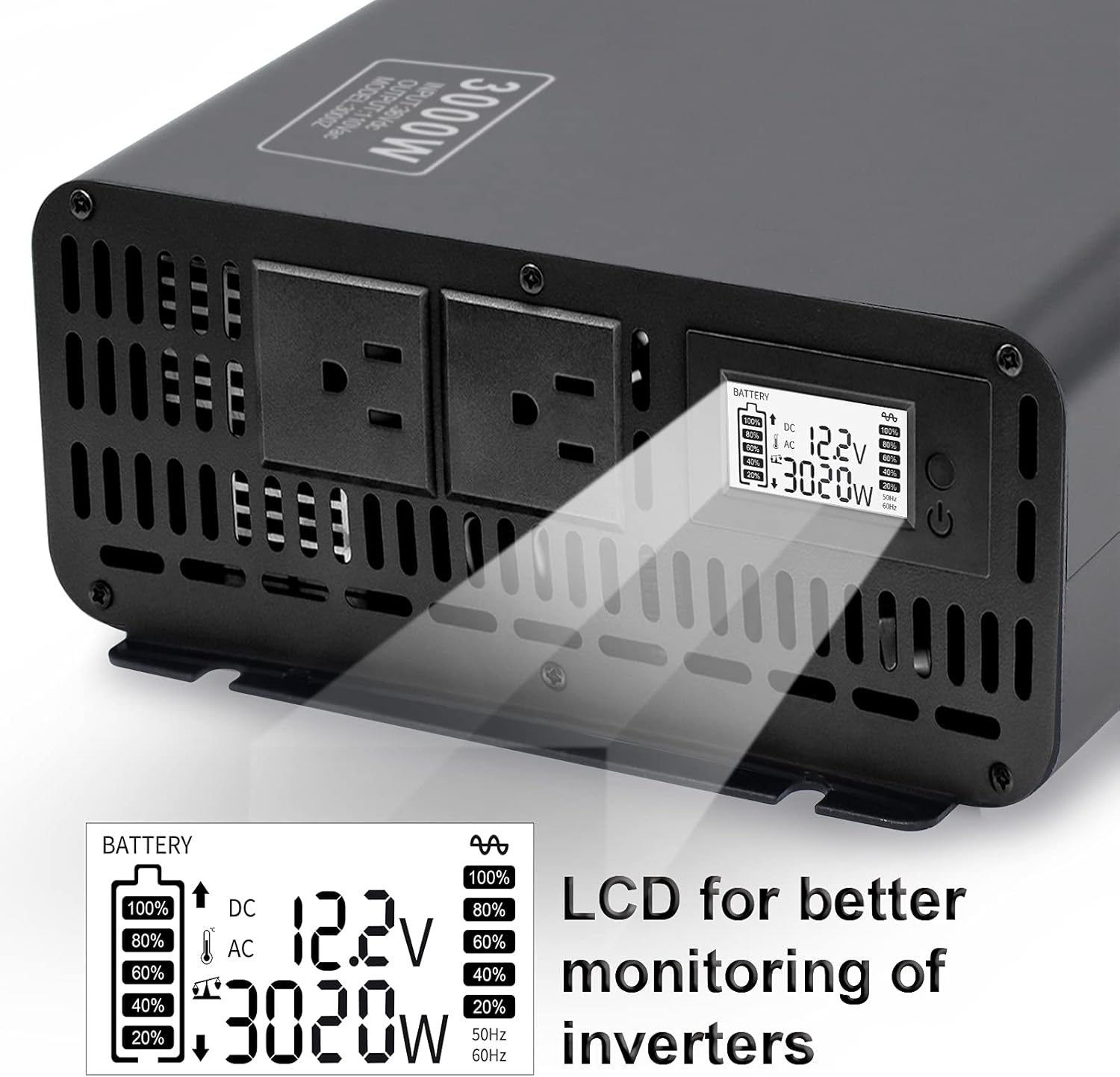Pure Sine Wave Inverter 2000W Peak 4000W Power Inverter DC 12V to AC 110V 120V with 2 AC Outlets LCD Display for Home Solar System Car Truck RV Professional-Grade Voltage Converter Sine Wave Inverter