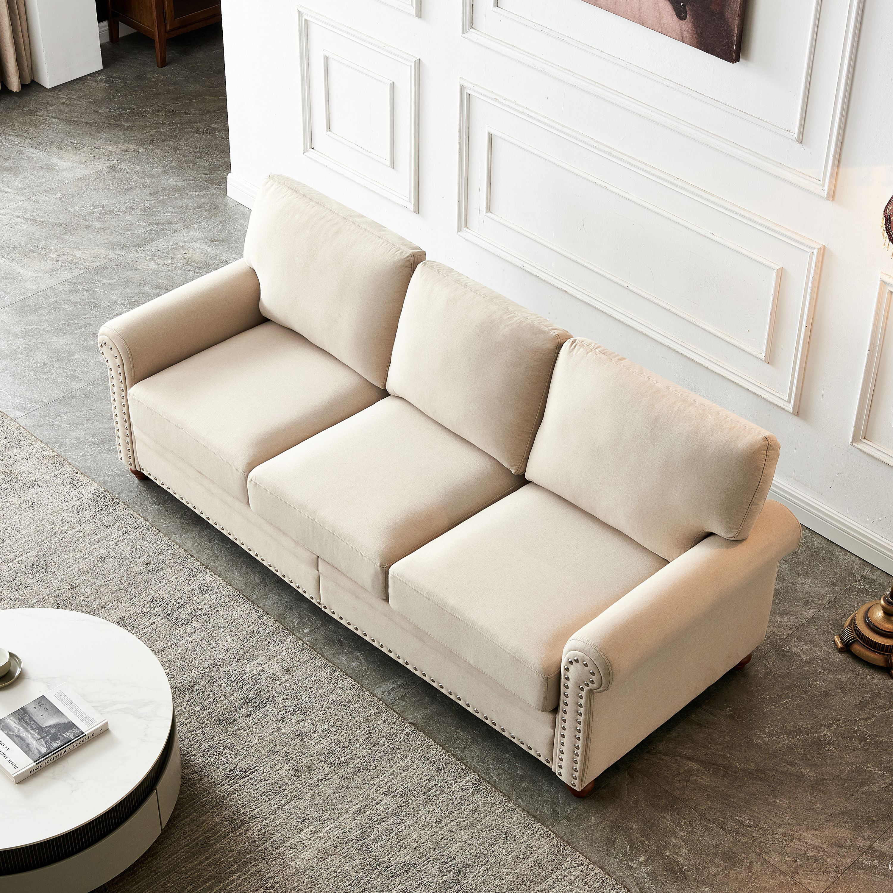 Modern 3 Seater Upholstered Sofa, 100% Polyester Soft Couch with Storage Removable Cushions Solid Wood Legs and Nailhead Trim for Living Room Bedroom Office