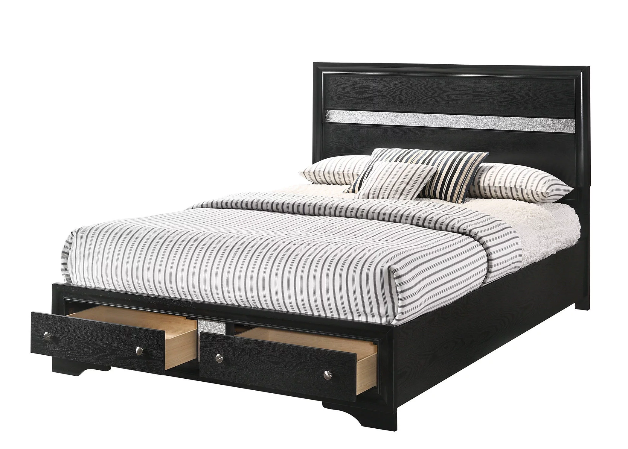 Contemporary 5pc King Size Storage Drwers Panel Bed Dresser Mirror Nighstand Set Black Wooden Home Bedroom Furniture