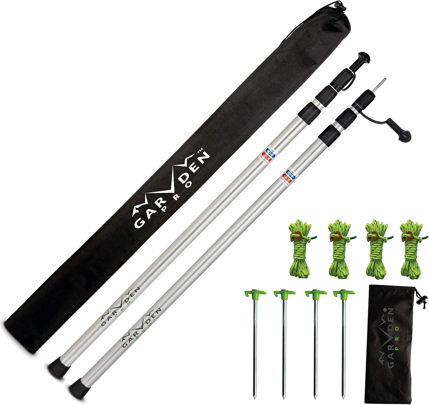Telescoping Tarp Poles | Replacement Canopy Adjustable Aluminum Rods, Portable & Lightweight for Tent Fly, Awning, Outdoor Camping, Hiking, Backpacking & Rainfly + Pegs & Reflective Ropes