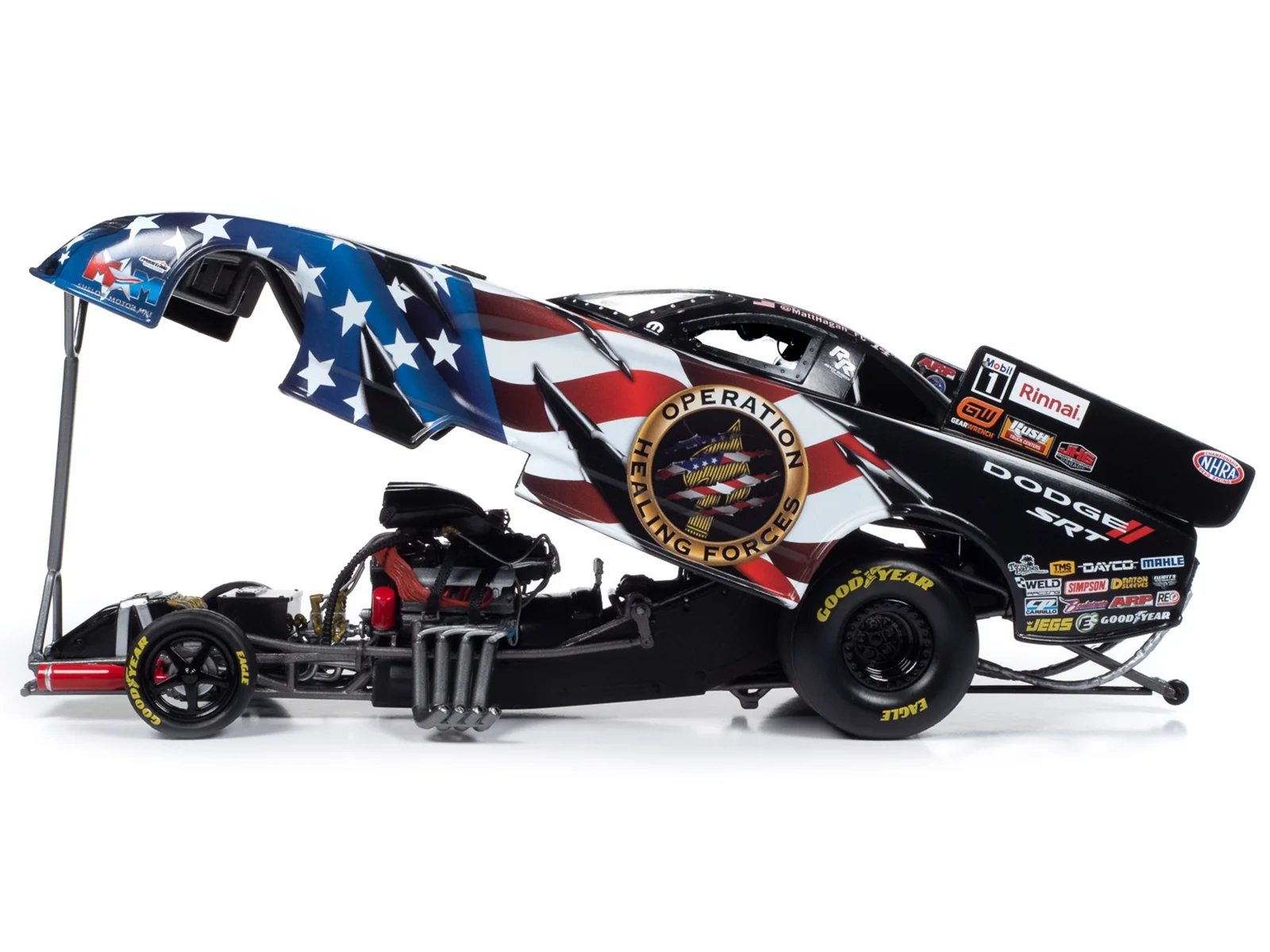 Dodge Charger SRT Hellcat NHRA Funny Car Matt Hagan "Operation Healing Force" (2023) 1/24 Diecast Model Car by Auto World