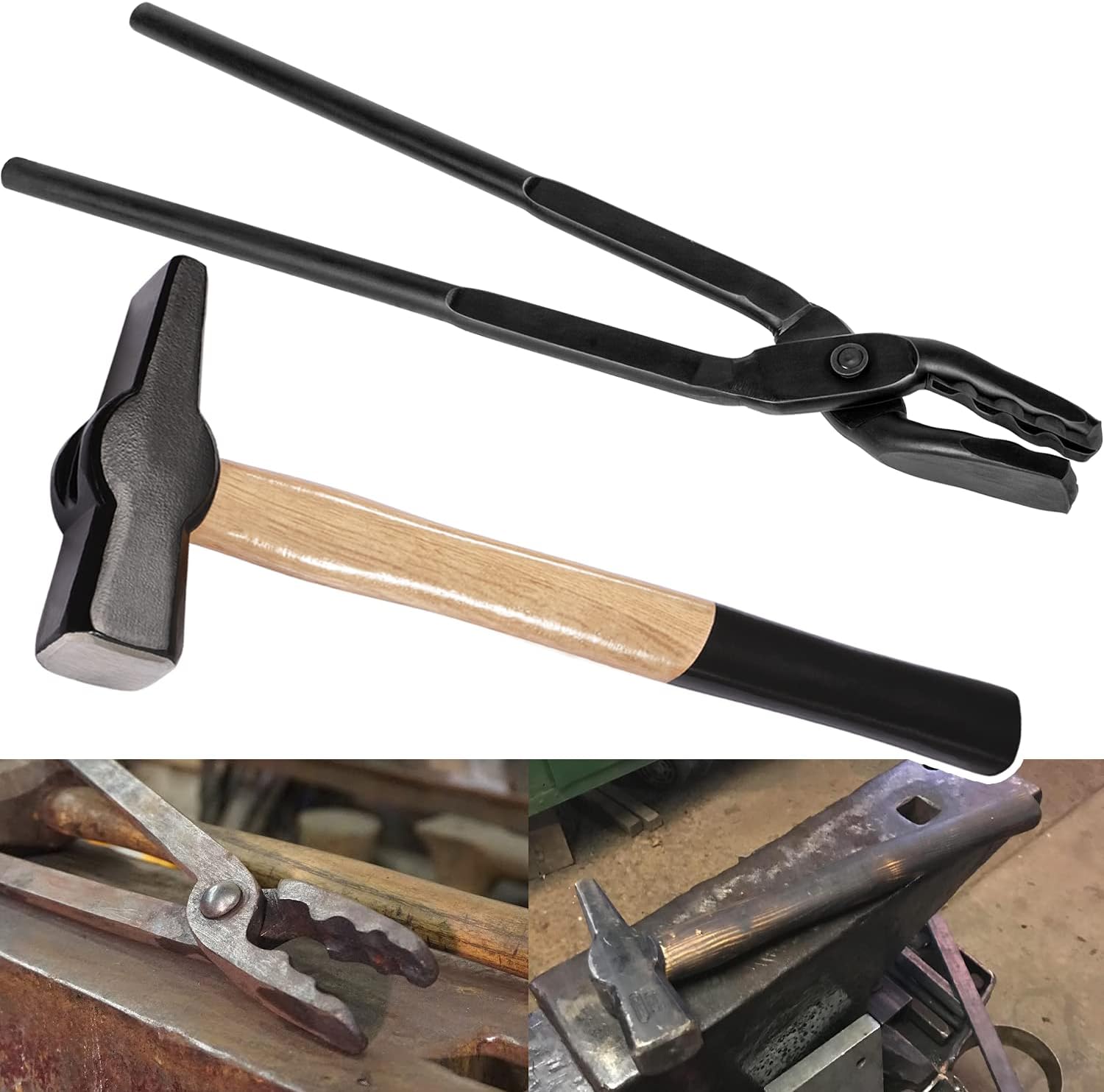 Blacksmith 15” Wolf Jaw Tongs and Hammer Tool Set Essential Tools for Blacksmith Bladesmith Forge Pack of 2