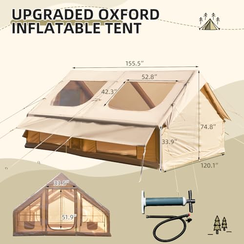 YOLENY Extra Large Inflatable Camping Tent, Glamping Tents Easy Setup 4 Season Windproof Outdoor Cotton Tent with Stove Jack & Mesh Windows & Pump