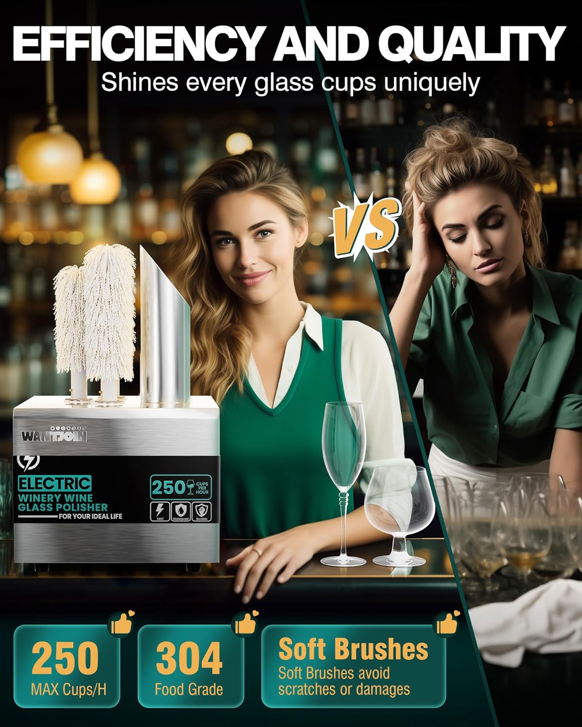 Glass Polisher,3 Pure cotton Brushes Electric Wine Glass Polisher with High Powered Heater, Stainless-Steel Commercial glass polisher machine,Safe & Hygienic for Bar Kitchen Restaurants