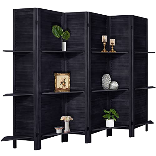 Room Divider with Shelves, Privacy Screen, Room Dividers and Folding Privacy Screens, 5 Panel Wood Temporary Wall Partition Separation Separator, Coconut