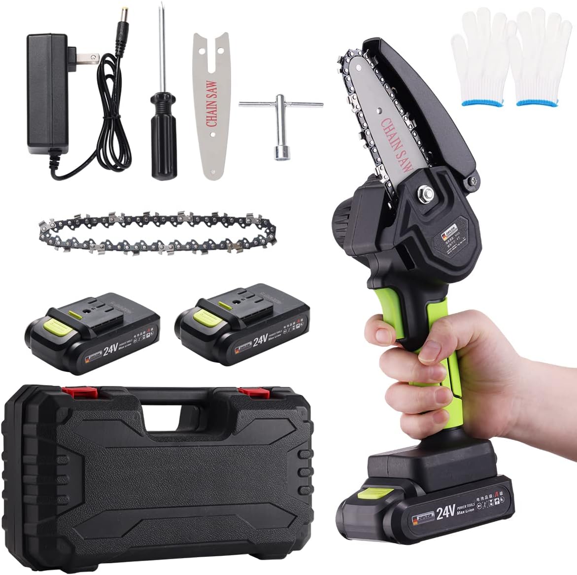 DOCFUN Mini Chainsaw Cordless with 2 Pcs 24V Rechargeable Battery, Portable One-Handed Chainsaw for Tree Trimming Branch Wood Cutting and Gardening Pack of 2