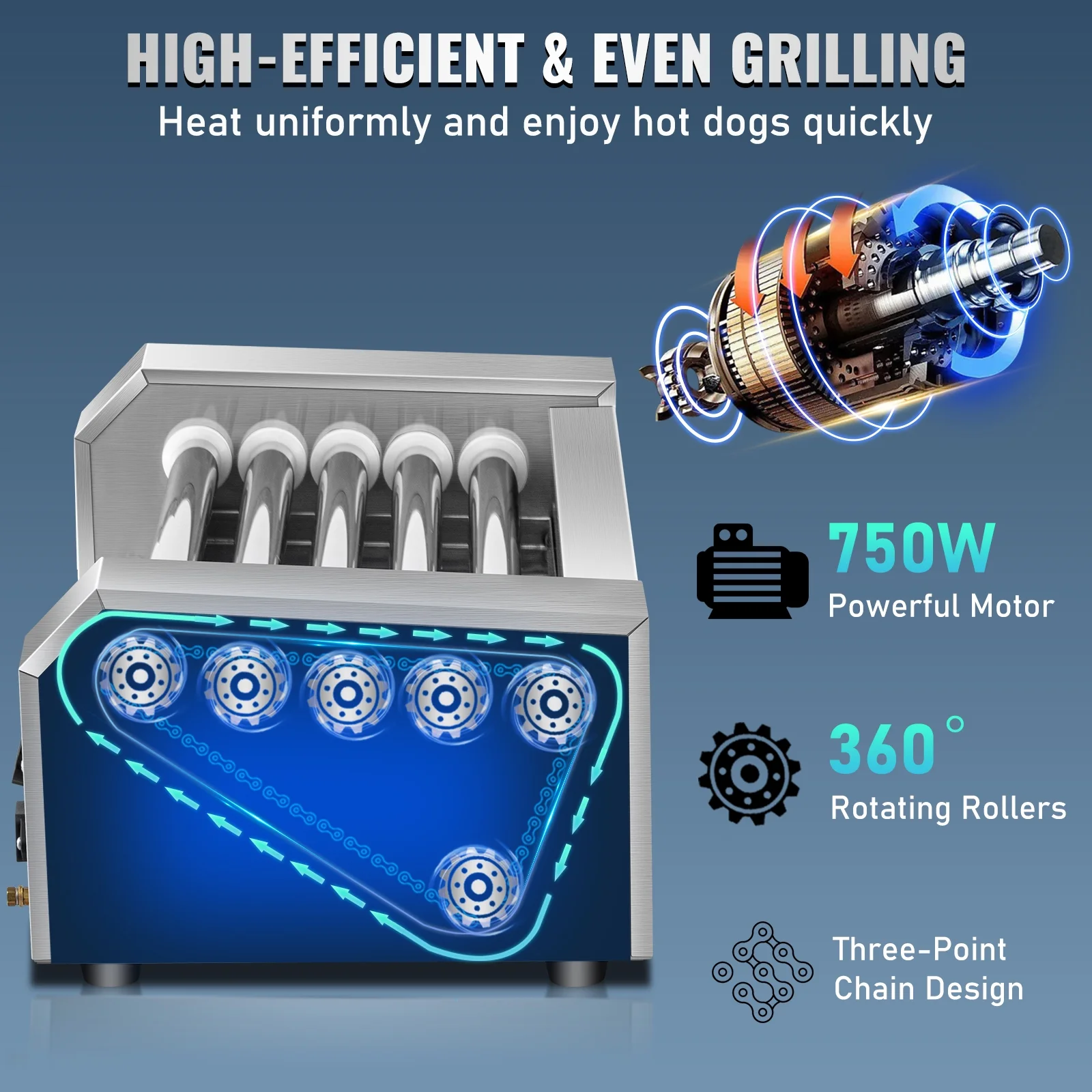 BENTISM Commercial 12 Hot Dog 5 Roller Grill Cooker Machine Stainless Steel 750W