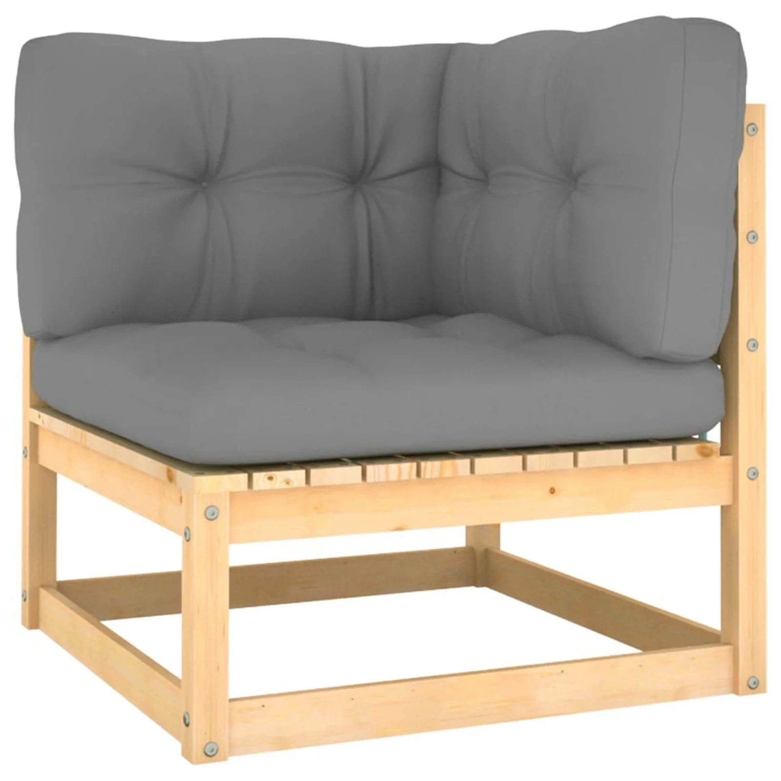 Anself 7 Piece Wood Garden Conversation Set Gray Cushioned 3 Corner and 4 Middle Pinewood Sectional Sofa Set Wooden Frame for Patio, Garden, Backyard, Poolside, Lawn
