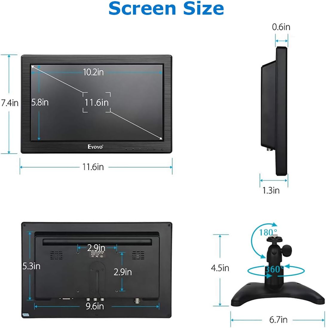 Eyoyo 12" Inch TFT LCD Monitor with AV HDMI BNC VGA Input 1366x768 Portable Mini HD Color Screen Display with Built-in Speaker