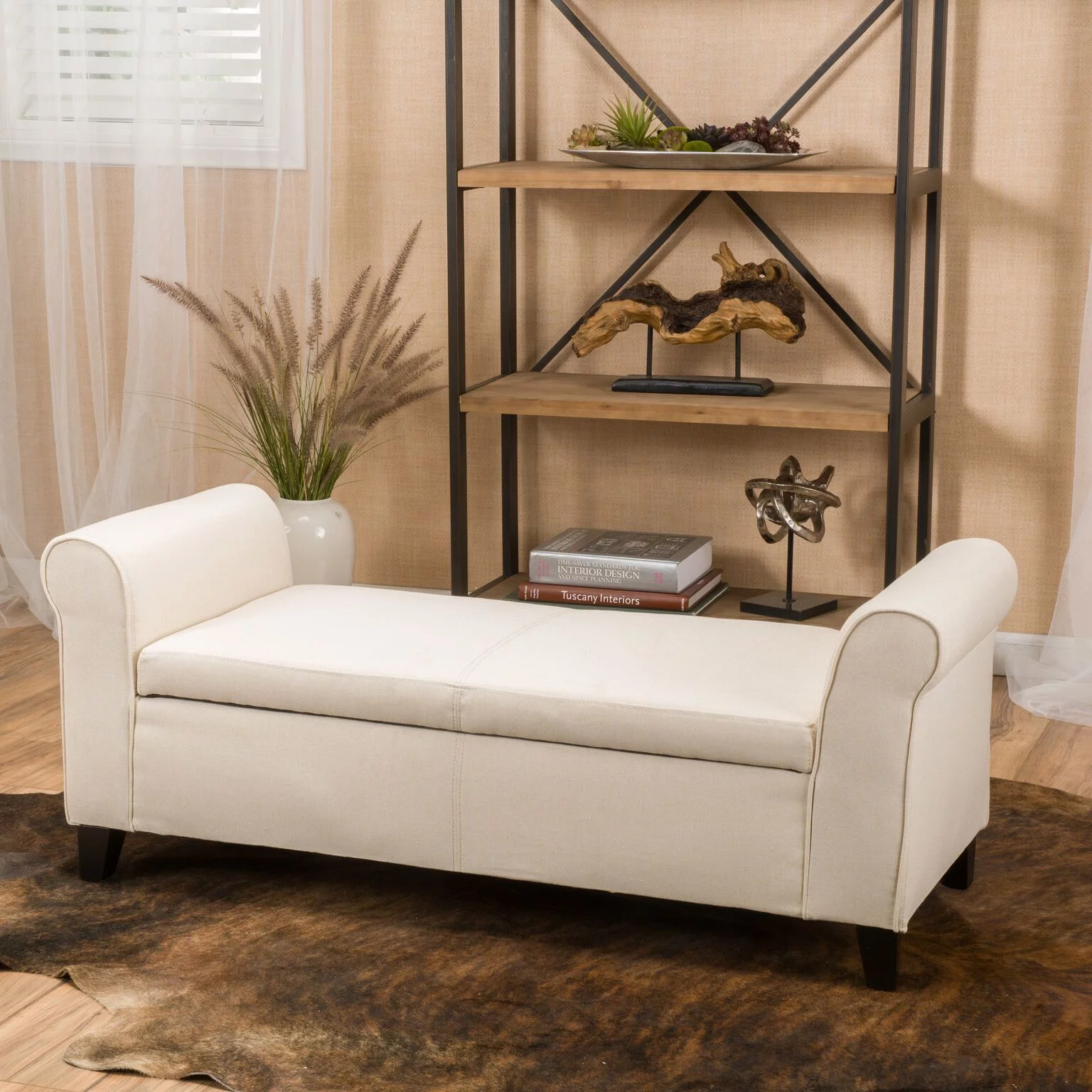 Noble House Haden Contemporary Fabric Upholstered Storage Ottoman Bench with Rolled Arms, Beige
