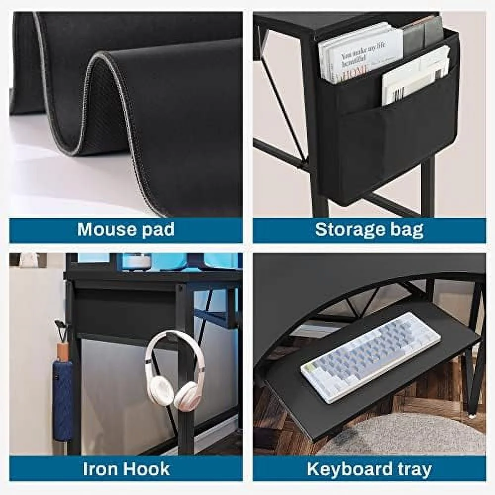 HOOMHIBIU Corner Desk  Small Computer Desk with Hutch &amp; LED Lights  Triangle Corner Computer Desk with Keyboard Tray   Bag  and Headphone Hook for Small Space  Small Office Desk  Rust