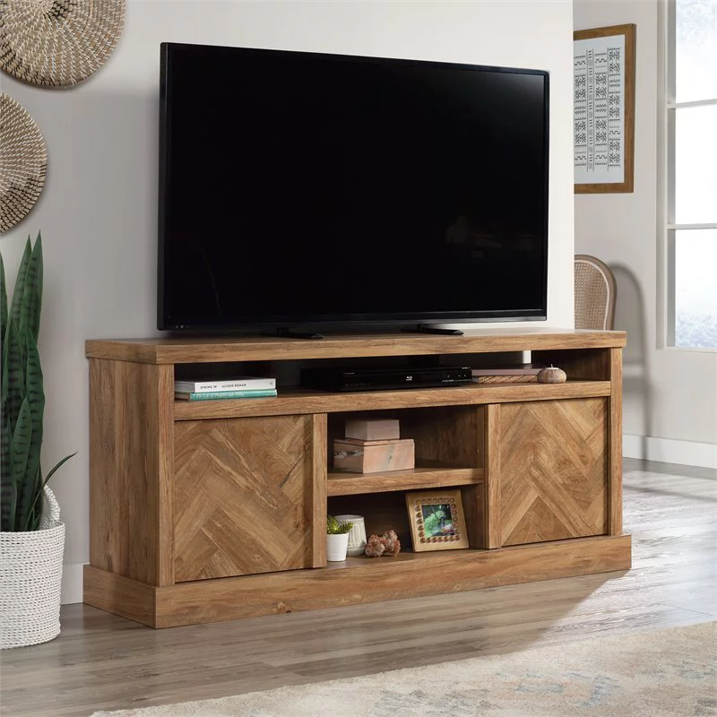 Sauder Cannery Bridge Herringbone TV Stand for TVs up to 65", Sindoori Mango Finish