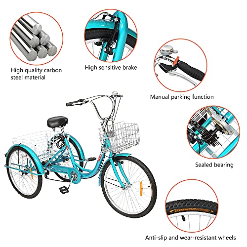 PEXMOR Adult Tricycle 7 Speed, 24/26 Inch 3 Wheel Bikes Tricycle for Adults, Adult Trike for Women/Men/Seniors, Three Wheel Cruiser Bike w/Folding Front & Rear Basket for Shopping/Recreation/Picnic