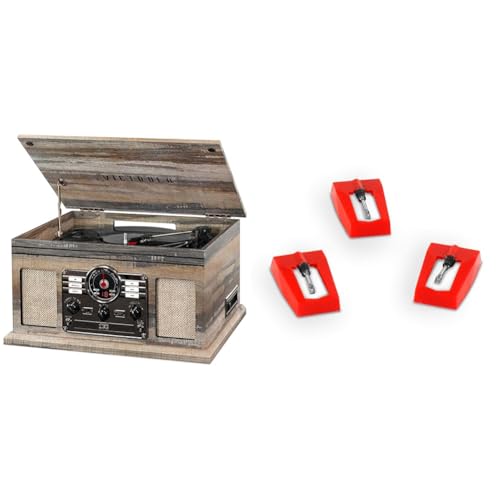 Victrola Nostalgic Classic Wood 6-in-1 Bluetooth Turntable Entertainment Center, Mahogany Bundle with Victrola Wooden Stand for Wooden Music Centers with Record Holder Shelf