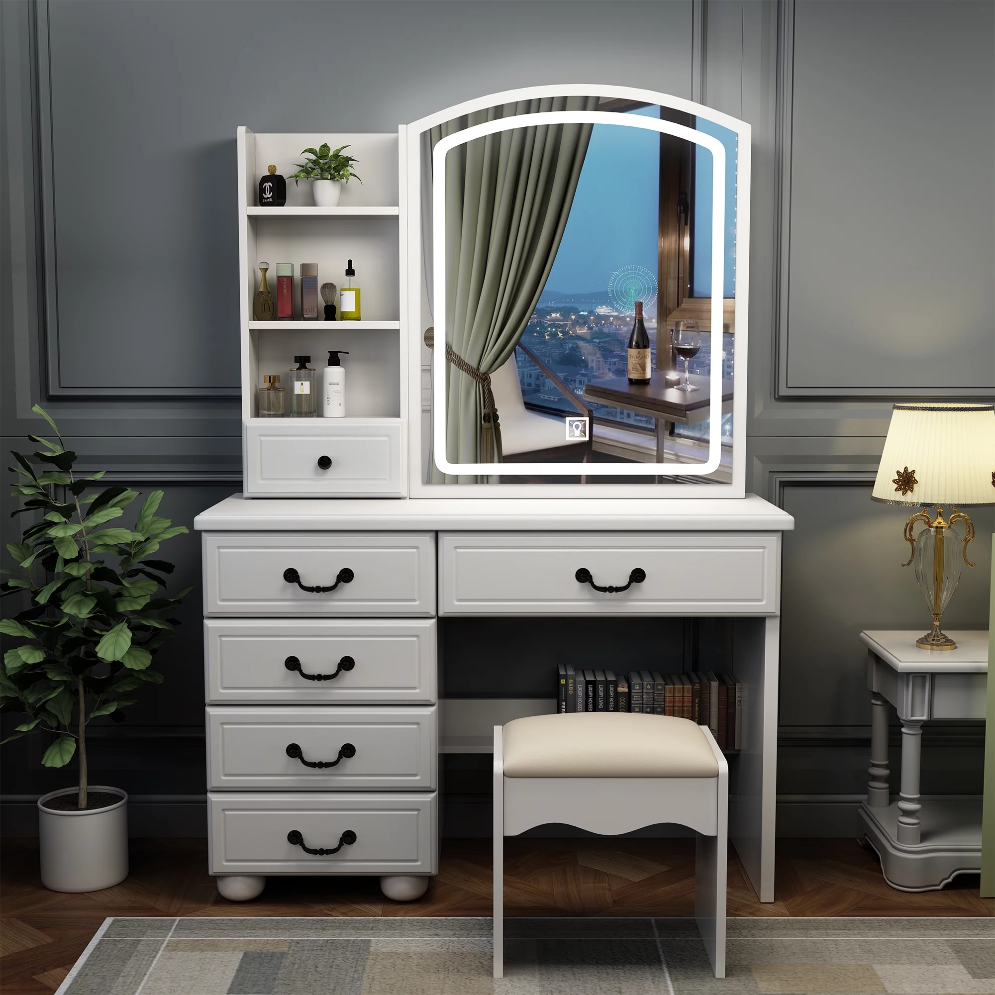 Leavader Vanity Desk with Mirror and Led Lights, Makeup Vanity Table Set with 3 Color Lighting Brightness Adjustable, 6 Drawers, White Color Dress Vanity Table