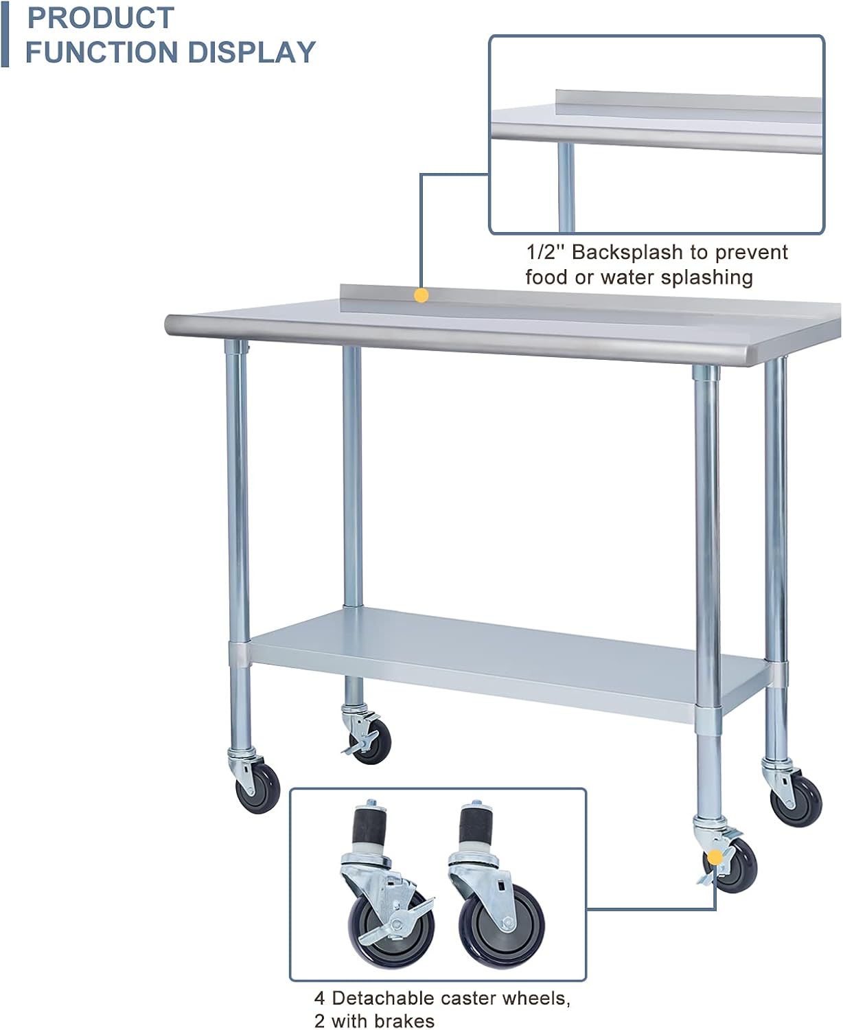 EASE-WAY Stainless Steel Metal Table NSF for Commercial Kitchen Prep & Work, 24 x 60 Inches Worktable with Backsplash, Adjustable Shelf and Caster Wheel, for Industrial Restaurant, Home and Garage