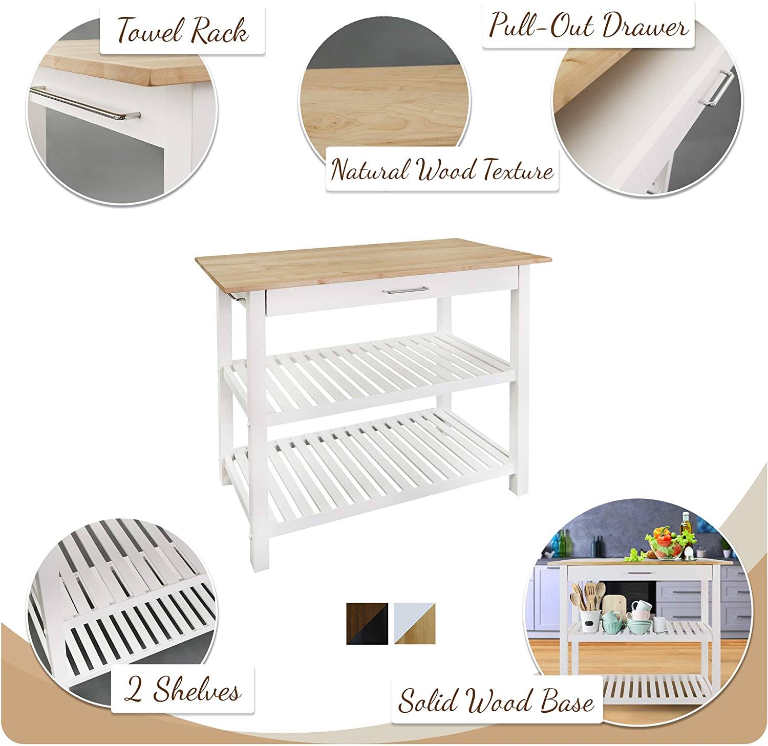 Kitchen Island with Solid American Hardwood Top, Natural/White, 40x22
