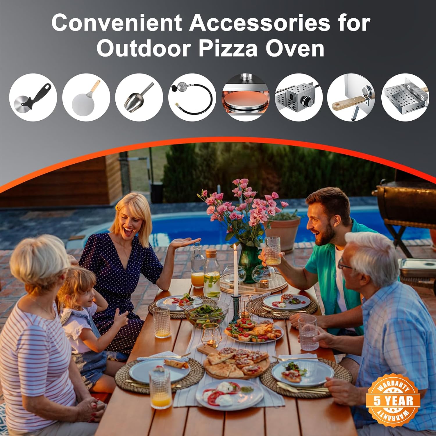 Multi-Fuel Pizza Oven Outdoor with 360°Auto Rotate, 13” Gas Propane & Wood Fired Pizza Maker, Stainless Steel 3-Layer Oven, Portable Pizza Maker with Built-in Thermometer