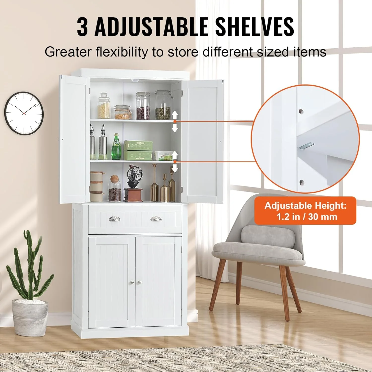 TJUNBOLIFE 72"  Freestanding Utility Cabinets with Doors  Drawer and 3 Adjustable Shelves  Tall Food Buffet Pantries for Kitchen  Living  Dinning Room  Laundry  Pearl White