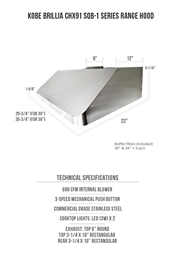 KOBE Range Hoods Brillia Under Cabinet Range Hood 680 CFM Stainless Steel with LED Lights