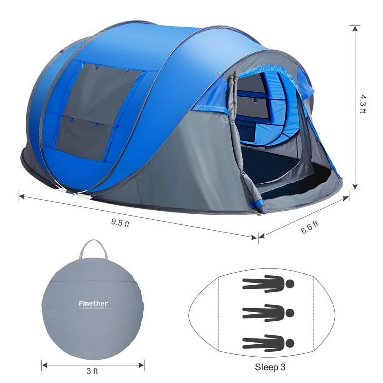 4 Person Easy Pop up Tent Waterproof Automatic Setup 2 Doors-Instant Family Tents for Camping Hiking & Traveling