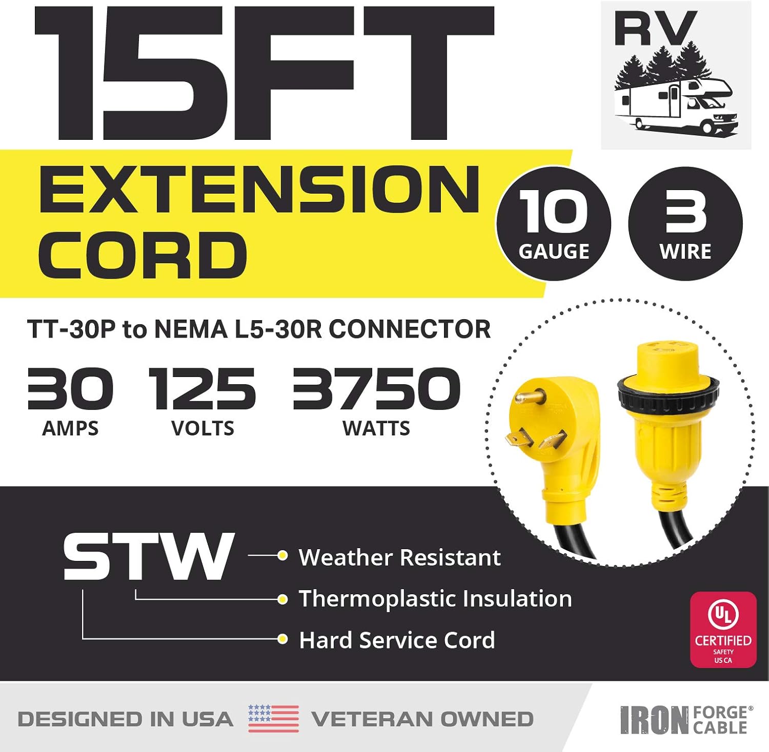 Iron Forge Cable 30 Amp RV Extension Cord 25 Ft - 10/3 STW TT-30P to NEMA L5-30R 125v RV Power Cord