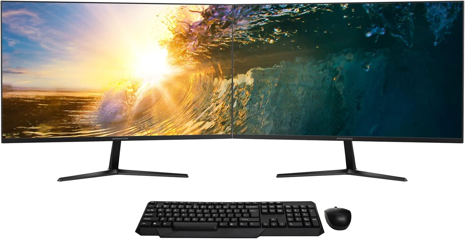 Packard Bell AirFrame 27 Inch Ultra Slim Bezel Desktop Monitor, 2 Pack & Wireless Keyboard and Mouse Combo, FHD IPS LED 1920 x 1080p, 75 Hz, 5 MS, VESA Mounting, Tilt Adjustment, HDMI and VGA