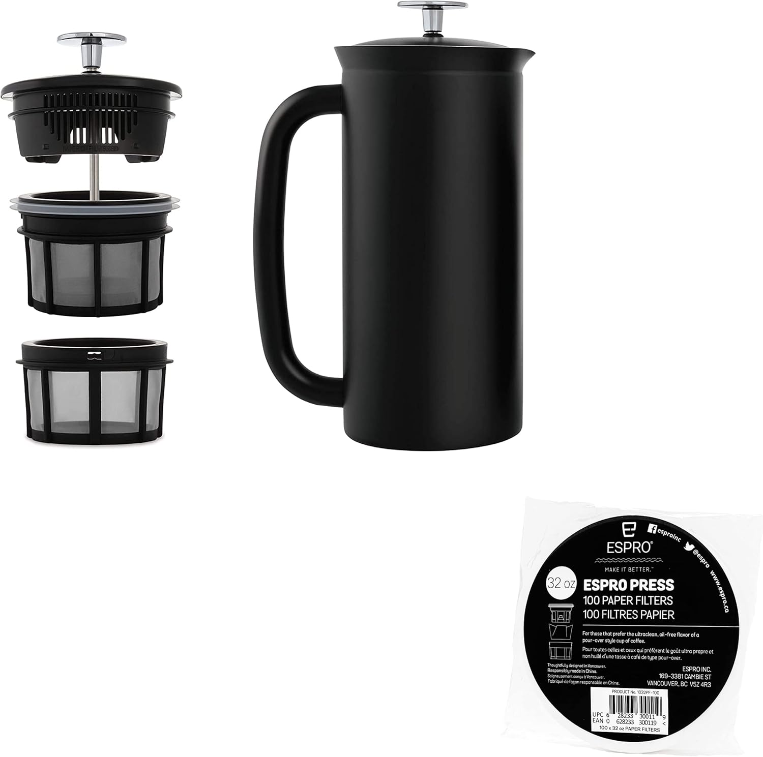 ESPRO - P7 French Press - Double Walled Stainless Steel Insulated Coffee and Tea Maker with Micro-Filter - Keep Drinks Hotter for Longer (Matte Black, 32 Oz) Coffee Paper Filters (100 Count)