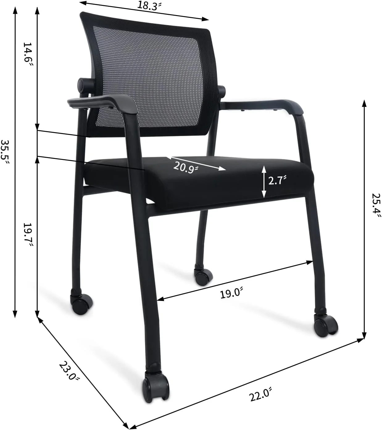 Waiting Room Chairs With Wheels, Adjustable Mesh Backrest, Desk Chair With Ergonomic Lumbar Support And Thickened Seats Cushion, 2 Pack Black