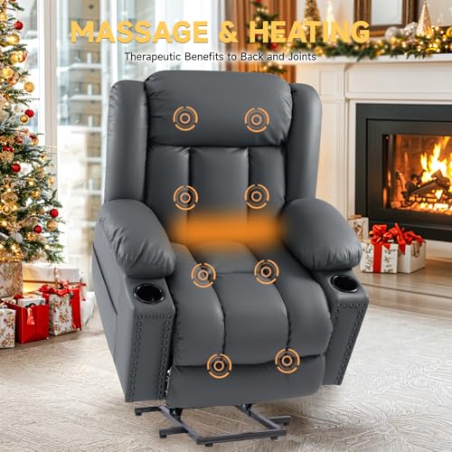 Large Power Lift Chairs Recliners for Elderly with Heated and Massage, Overstuffed Adjustable Lift Chairs, 3 Positions, Breathable Leather, USB-A and USB-C, Cup Holder, Side Pocket Dark Brown