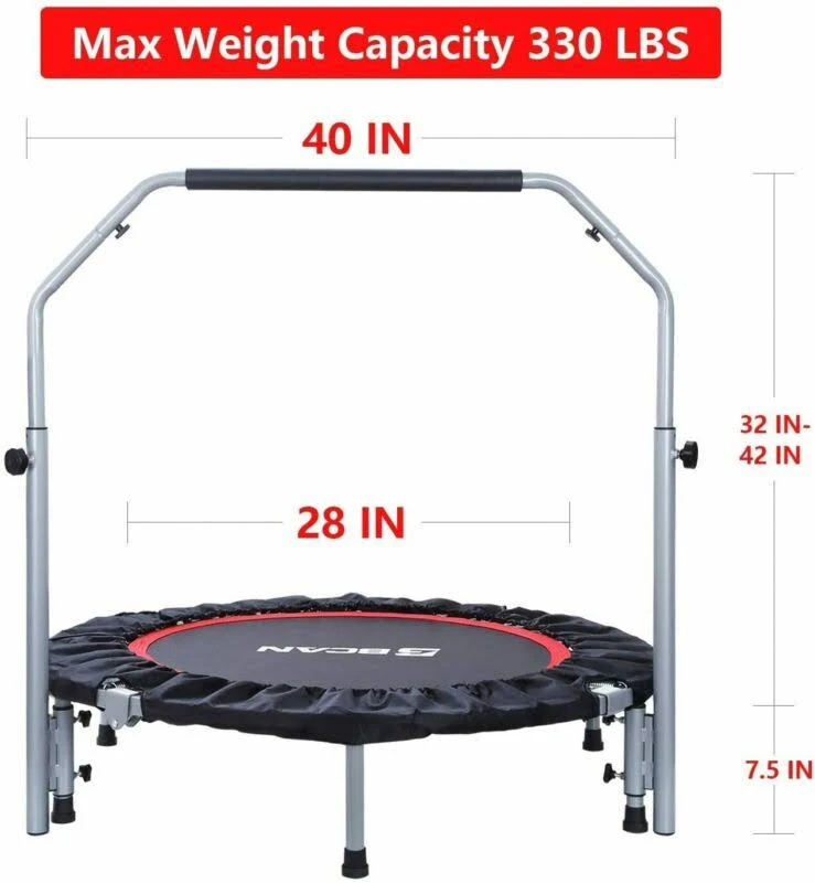 Bcan 40x22 Foldable Mini Trampoline, Fitness Rebounder with Adjustable Foam Handle, Exercise Trampoline for Kids Adults