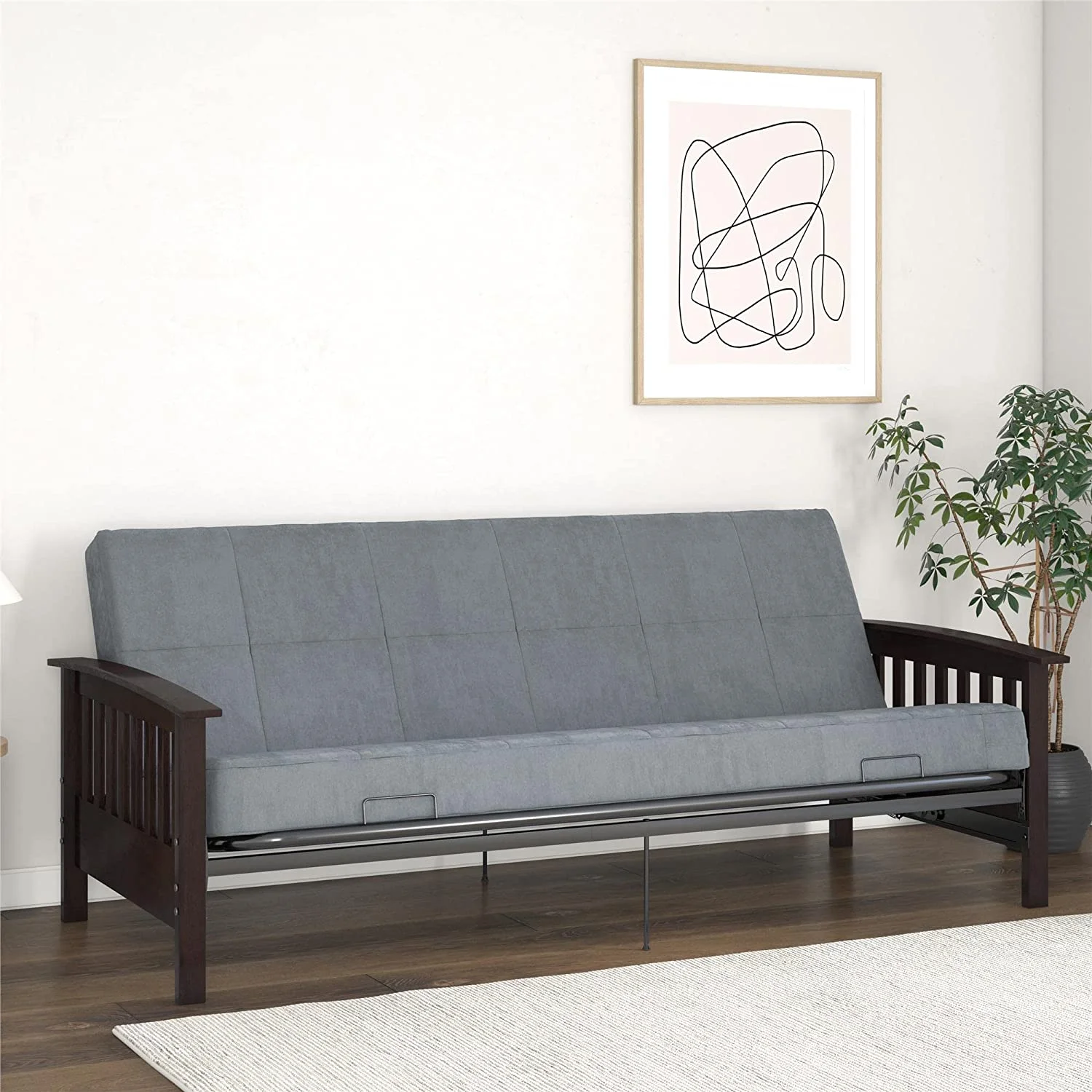 Elbi Full Size Wood Arm And Black Metal Futon Frame, Natural