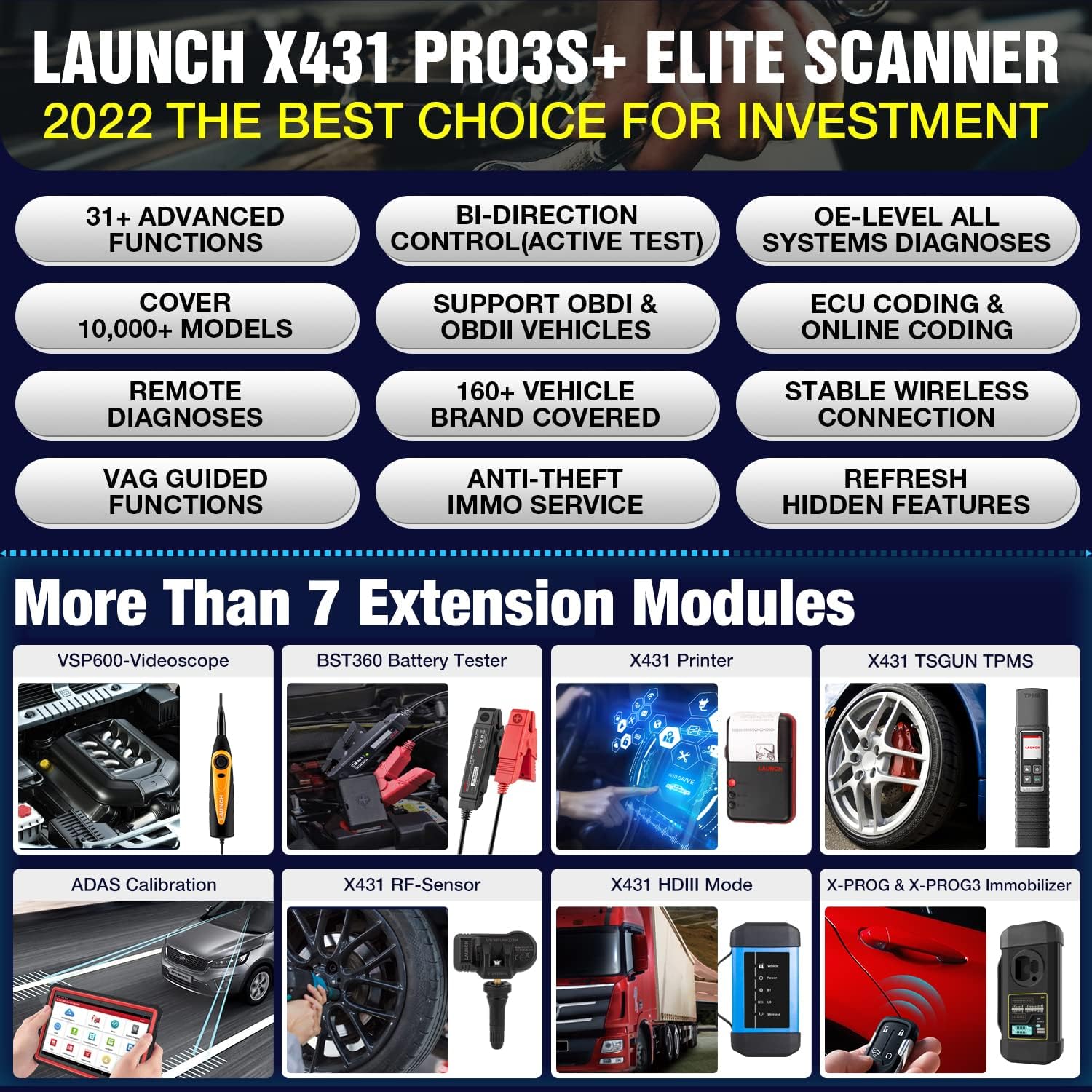 [2022 New]LAUNCH X431 PRO3S+ Bi-Directional Automotive Scan Tool (Upgraded Ver. of X431 V PRO),31+ Reset Service, All System Diagnostic Scanner, Key Program, Online Coding, AutoAuth, Free Update