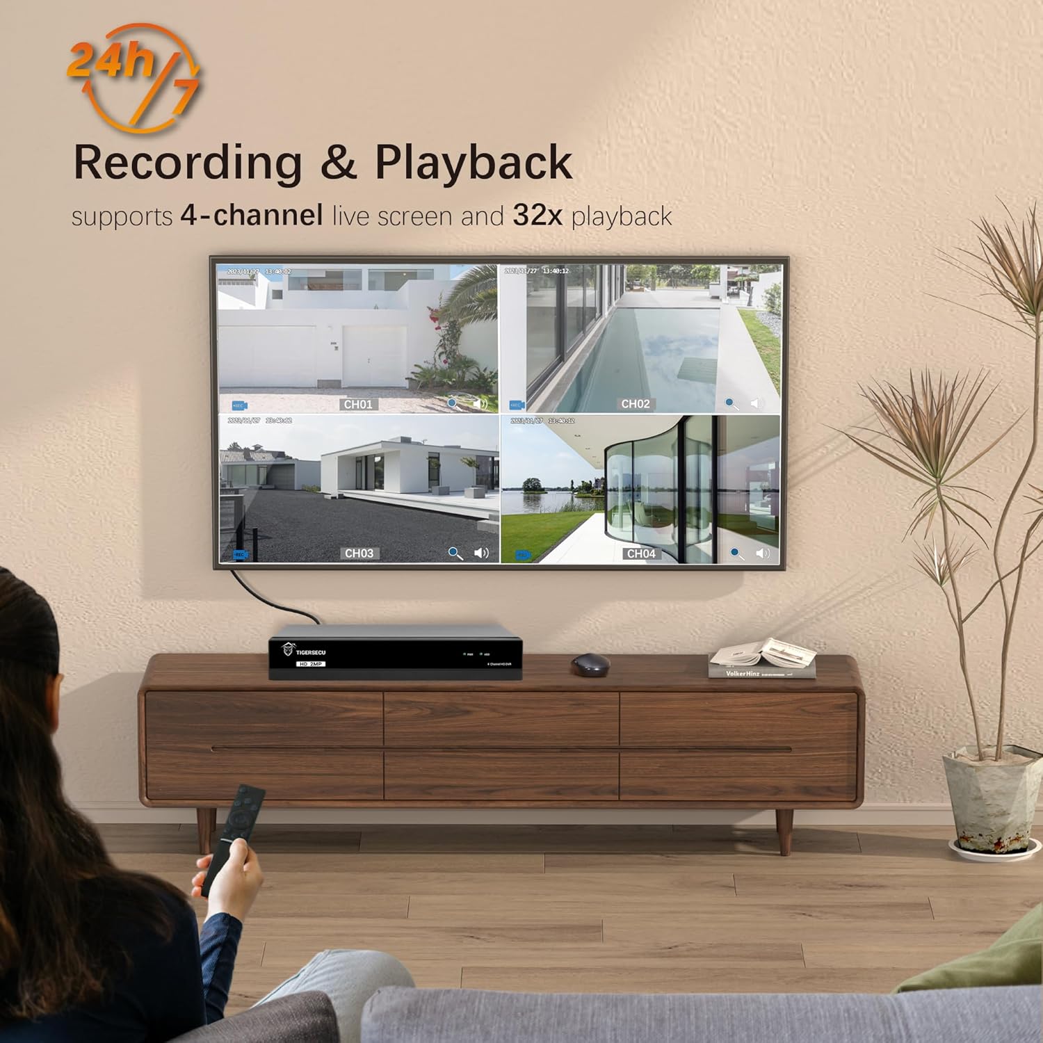 TIGERSECU Super HD 1080P 4-Channel Hybrid 5-in-1 DVR Security Recorder with 1TB Hard Drive, for Up to 5MP(12.5fps) TVI/AHD/CVI/Analog and IP Cameras (Cameras Not Included)
