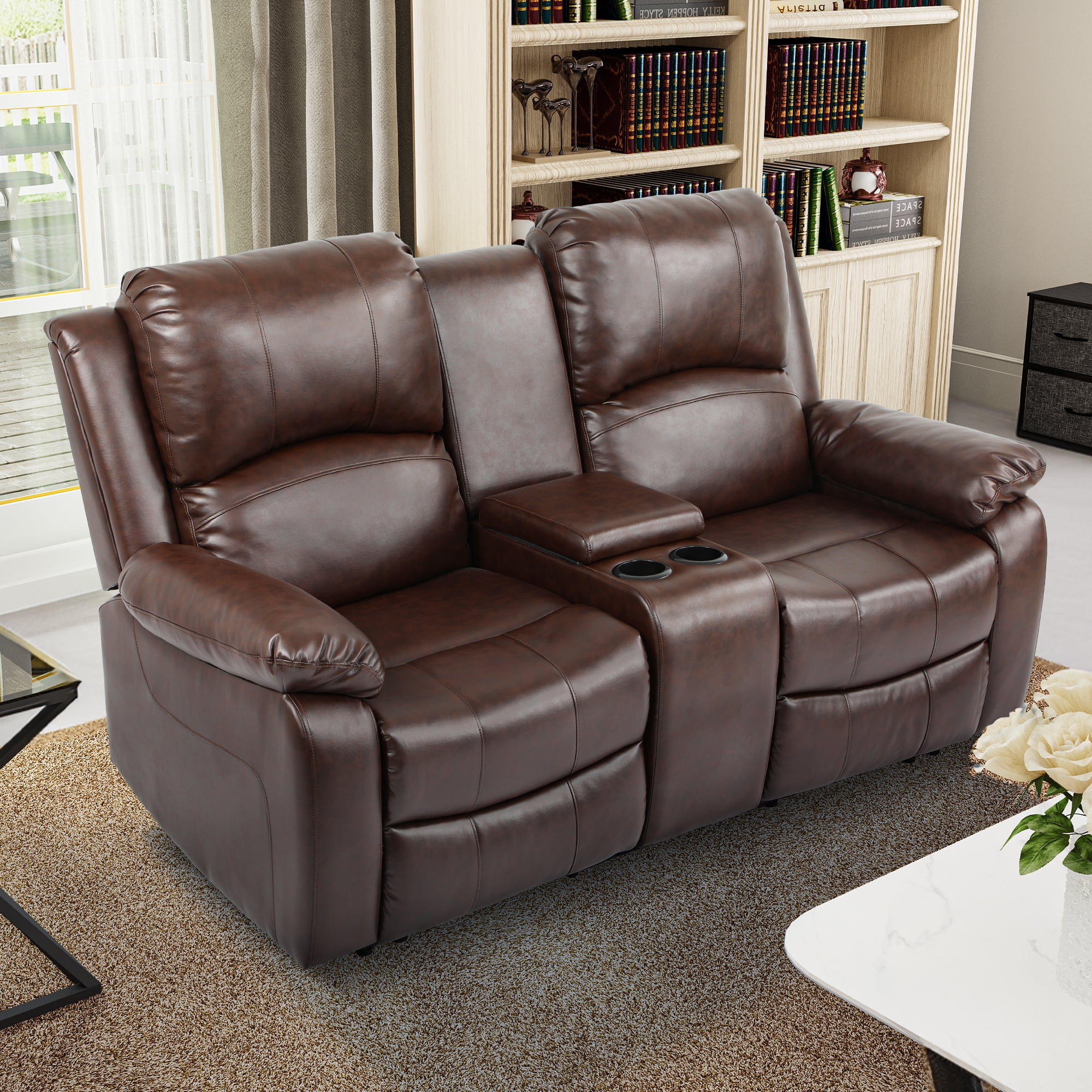 Dextrus Double Recliner Loveseat, Manual Dual Sofa Loveseat, Home Theater Seating with Built-in Storage Console, Double Recliner RV Couch with Beverage Holders and Side Storage for Living Room