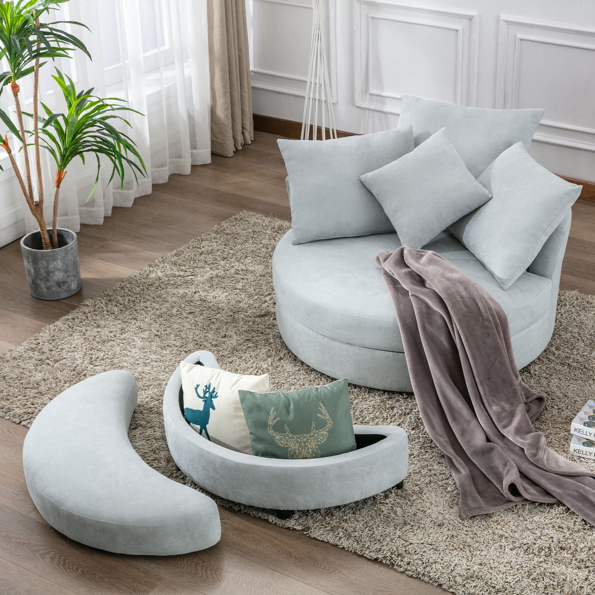 Gewnee Accent Barrel Chair,360°Swivel Barrel Chair with 4 Movable Pillows and Storage Ottoman,Light Gray