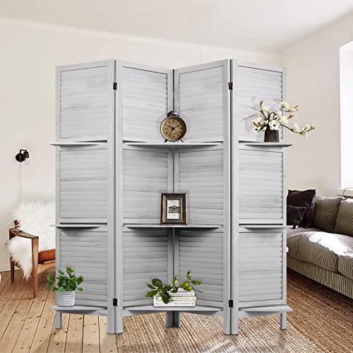 Room Divider with Shelves, Privacy Screen, Room Dividers and Folding Privacy Screens, 5 Panel Wood Temporary Wall Partition Separation Separator, Coconut