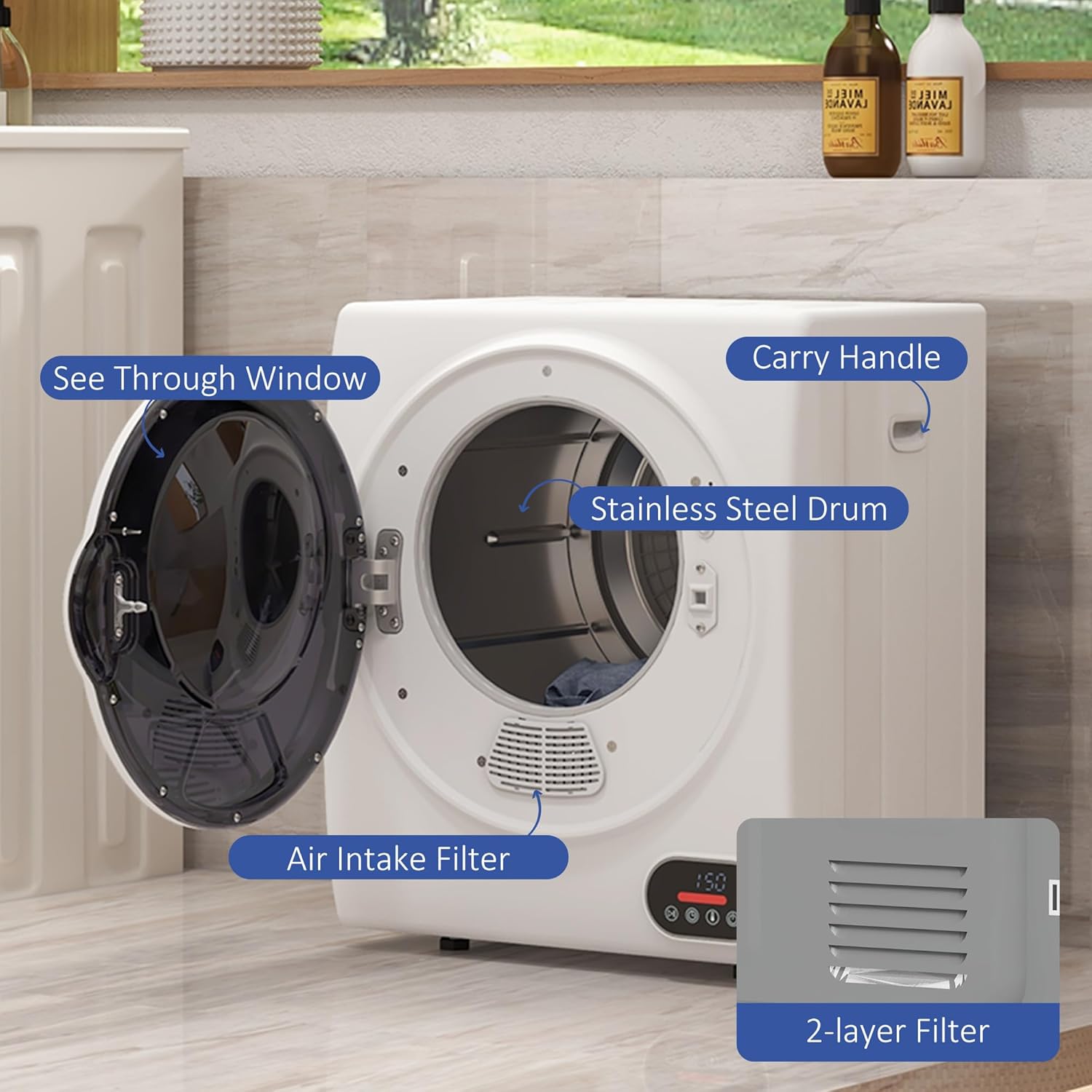 Portable Clothes Dryer│120v 850w Compact Dryer With Intelligent, 1.5 Cu.Ft Stainless Steel Drum│Front Load Electric Dryer For Apartments, Dorms, Rvs