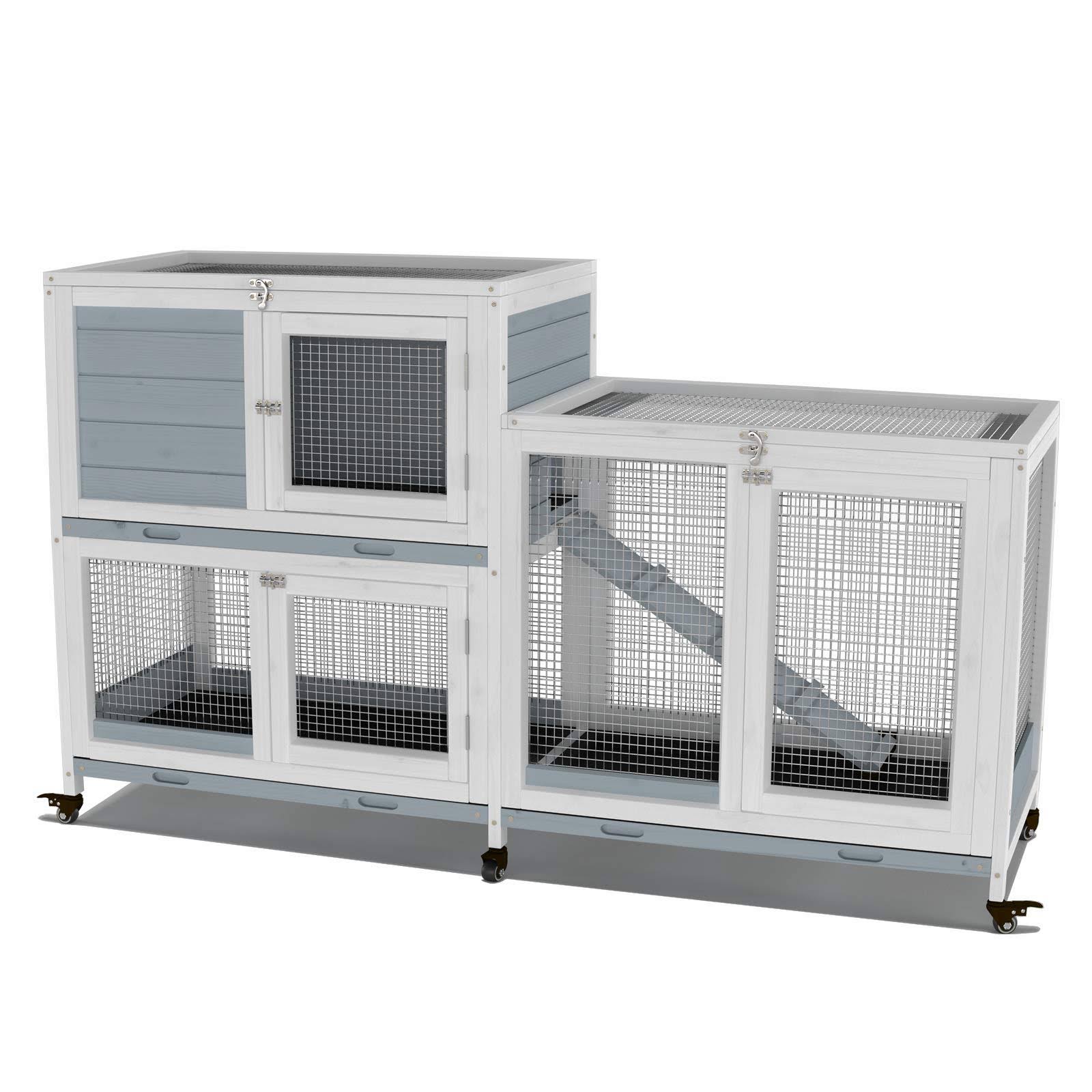 Gdlf Two Floors 58x22 Wooden Indoor Rabbit Guinea Pig Pet Cage on Wheels Waterproof