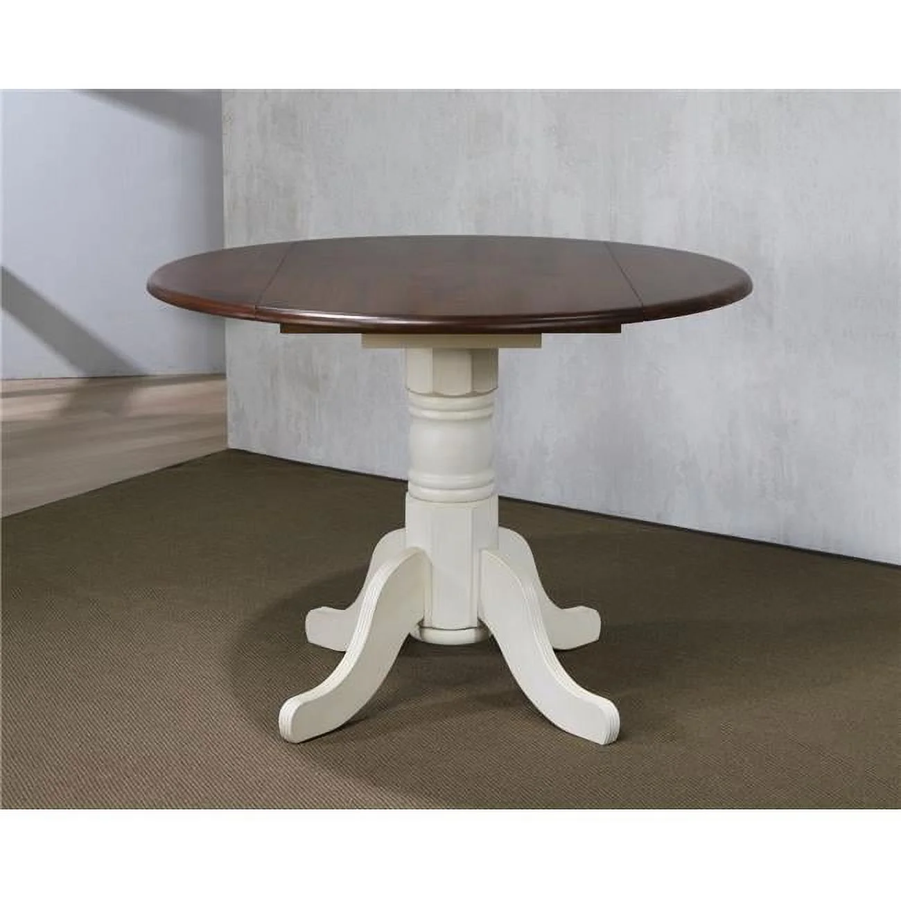 Sunset Trading Round Drop Leaf Dining Table - Antique White with Chestnut Top
