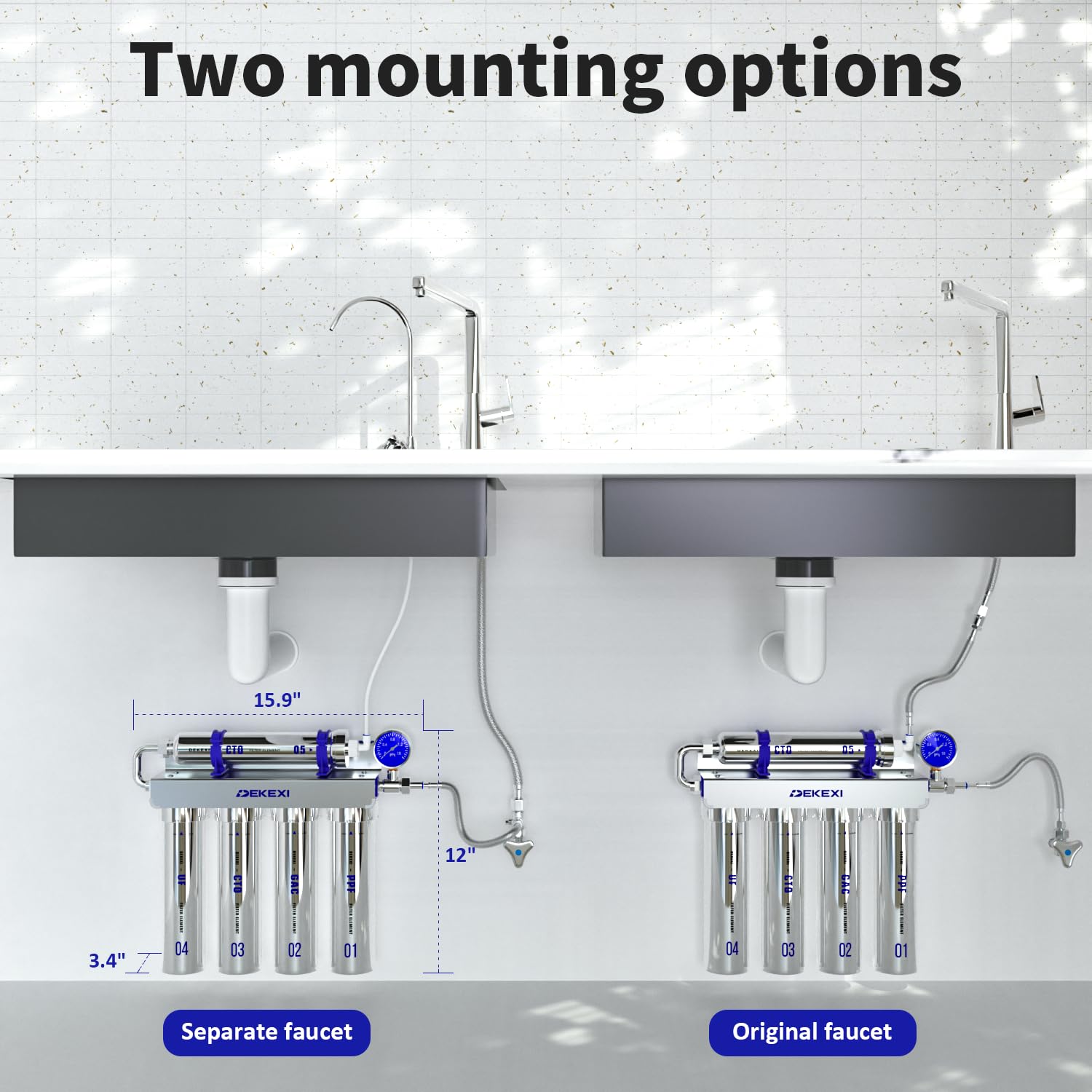 0.01μm Ultra-Filtration Under Sink Water Filter with Faucet, Stainless Steel, 5X Service Life,Remove 99.99% of Contąminants Larger Than 0.01μm,2 Mounting Options (5 Filter Included)