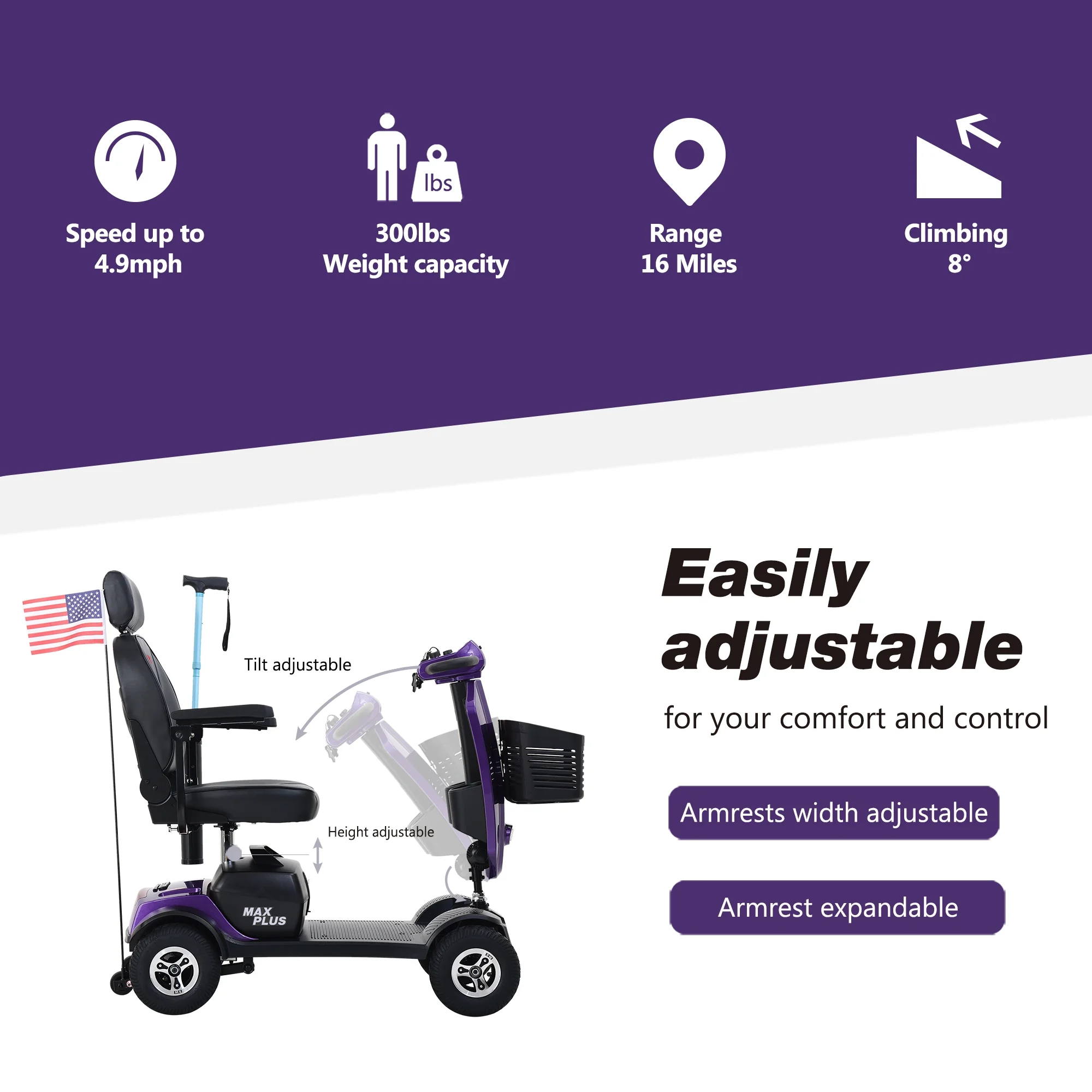 Metro Mobility Senior Scooter Folding Scooter 4 Wheel Scooter with USB Port Purple